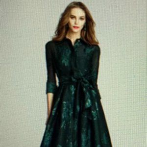 RICKIE FREEMAN FOR TERI JON METALLIC JACQUARD SHIRTDRESS GOWN WITH FLORAL PRINT